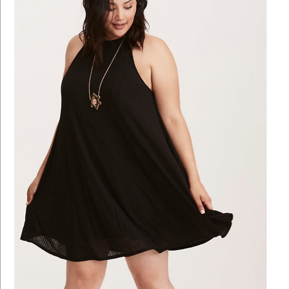 Ribbed knit high neck trapeze dress